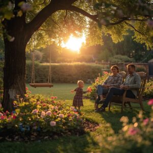 lucid-origin_A_beautiful_serene_garden_during_sunset_with_warm_golden_light._A_cute_little_ch-0