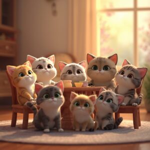 lucid-origin_A_cute_animated_scene_of_several_cats_sitting_around_a_small_table._The_cats_are-0