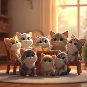 Cute cartoon kittens sitting around a table in a warm and cozy setting