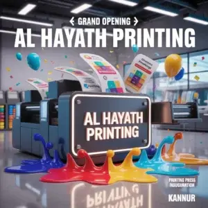 Alhayath printing grand opening promotional banner featuring printing machinery and vibrant CMYK ink splashes in kannur