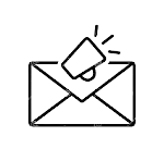 A line art graphic of an open envelope paired with a megaphone on a trasparant back ground