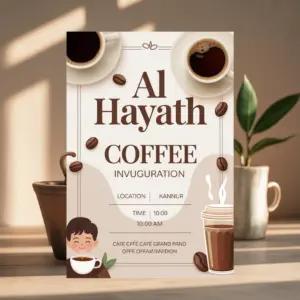 Al Hayath Coffee shop inauguration featuring coffee cups coffee beans an illustation of a child drinking coffee