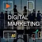 Digital marketing concept graphic with text and marketing icons